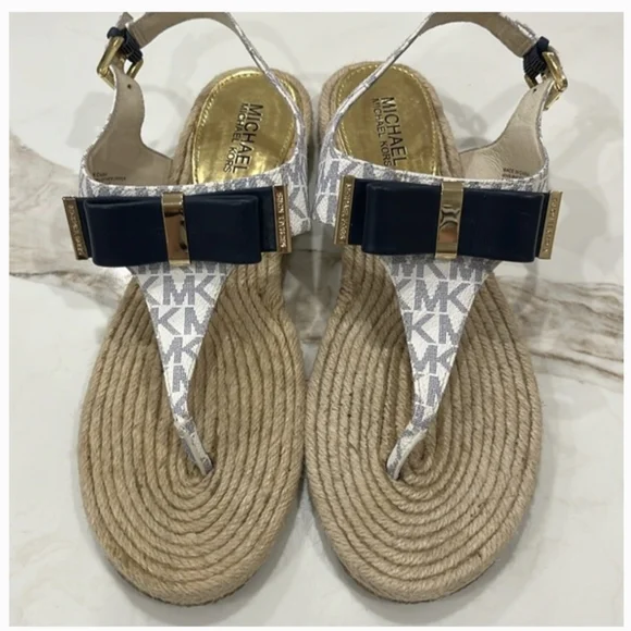 MICHAEL KORS* logo Leather Upper Thong Sandal Espadrille Rubber Bottom Size 6 - Picture 1 of 12